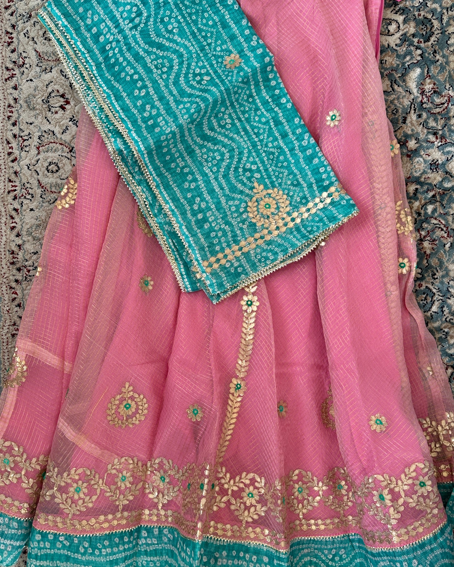 Pink and sea green kota doria ethnic lehenga set (3 pcs)