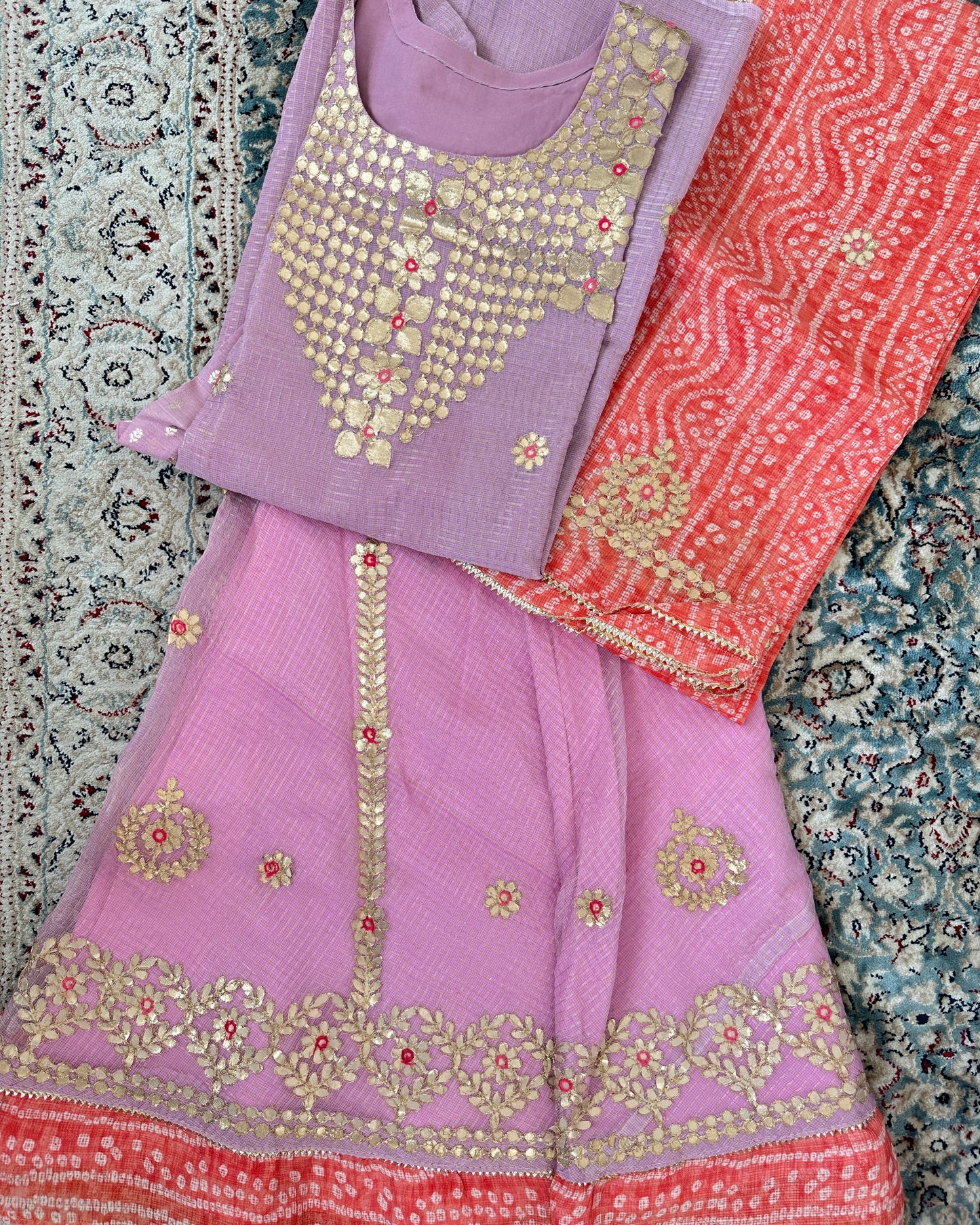 Pink and lavender kota doria ethnic lehenga set (3 pcs)