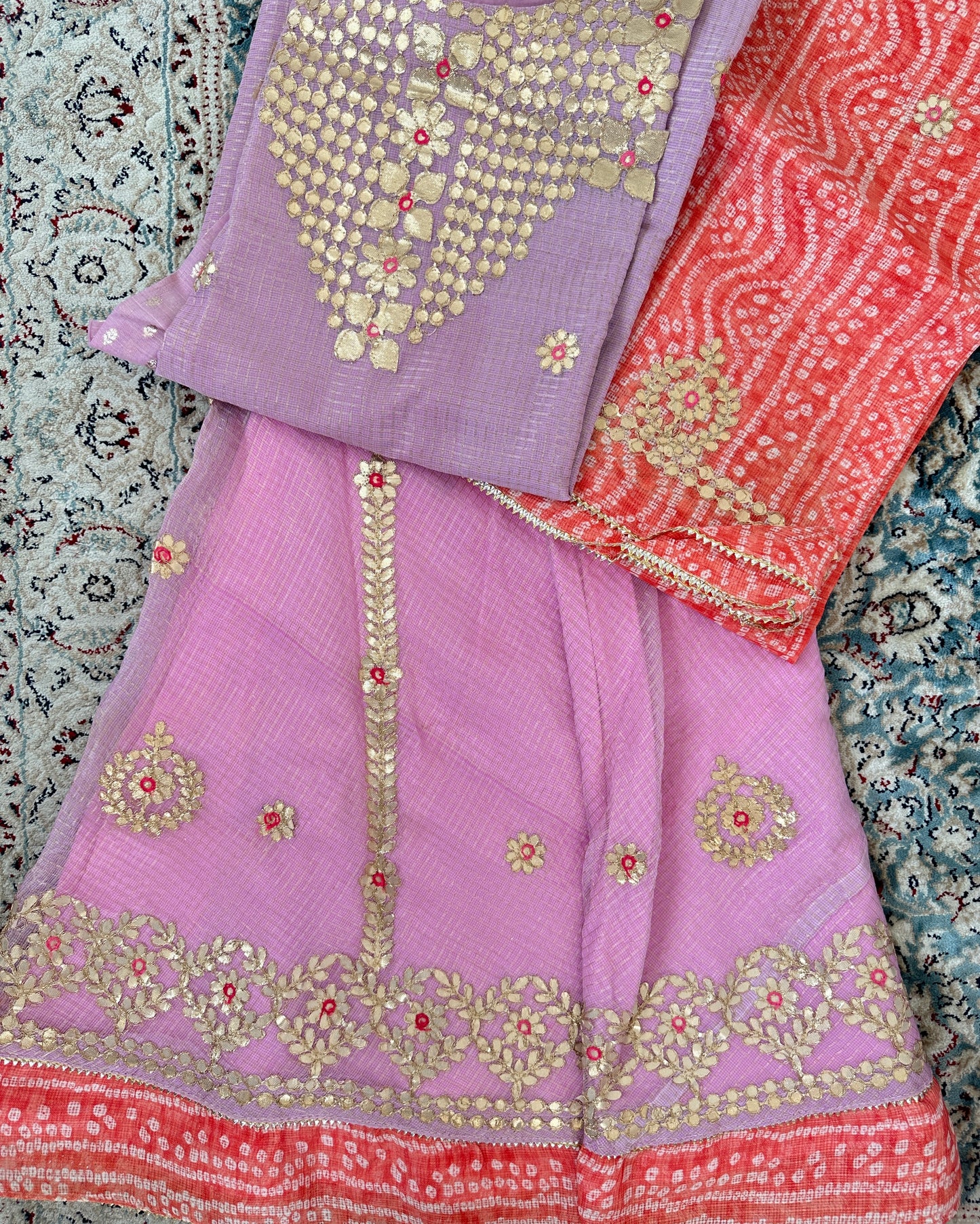 Pink and lavender kota doria ethnic lehenga set (3 pcs)