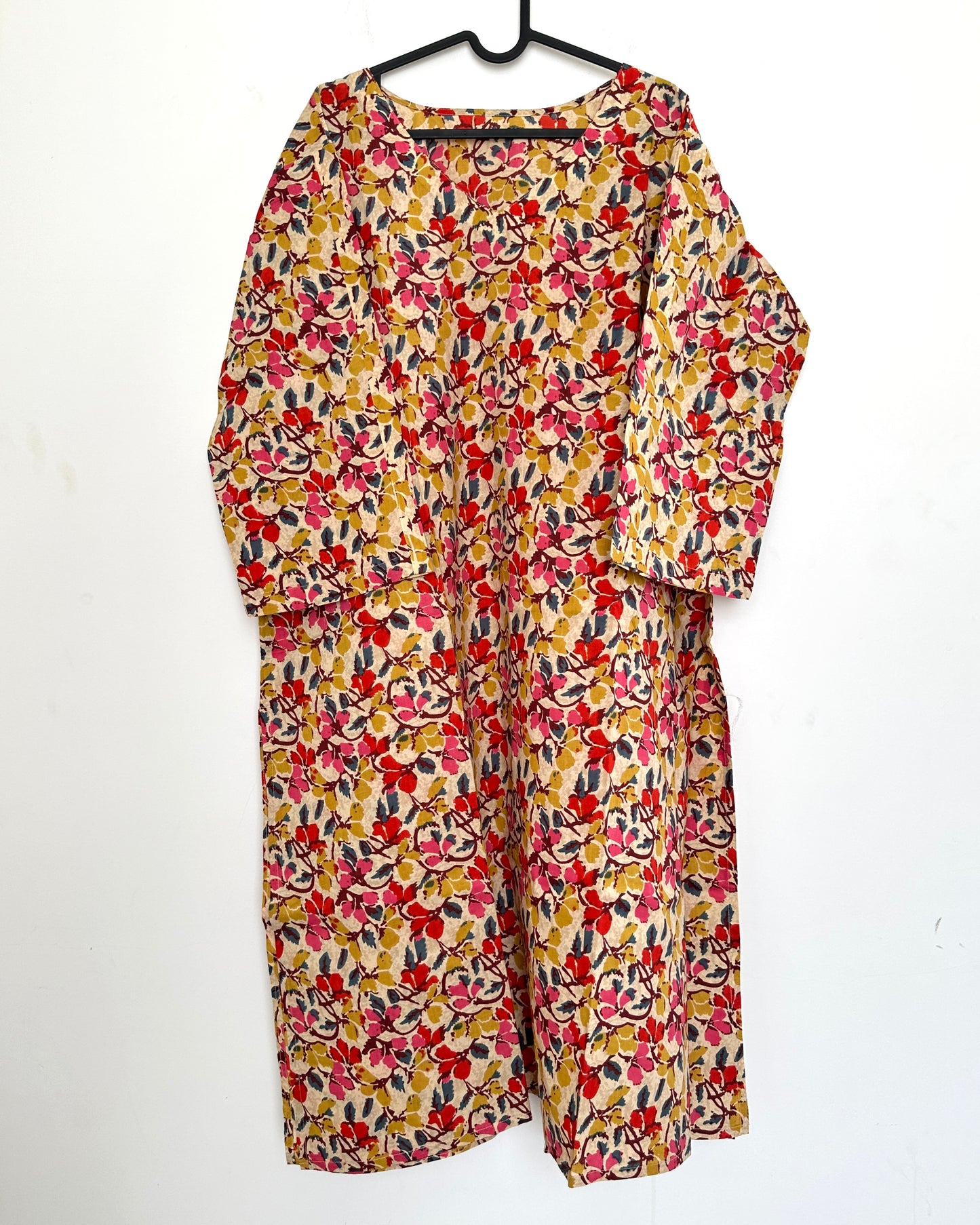 Beige and pink printed cotton kurta set