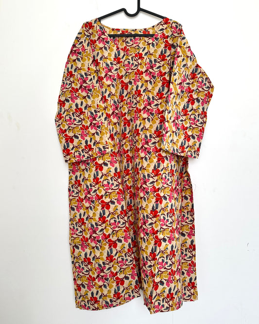 Beige and pink printed cotton kurta set