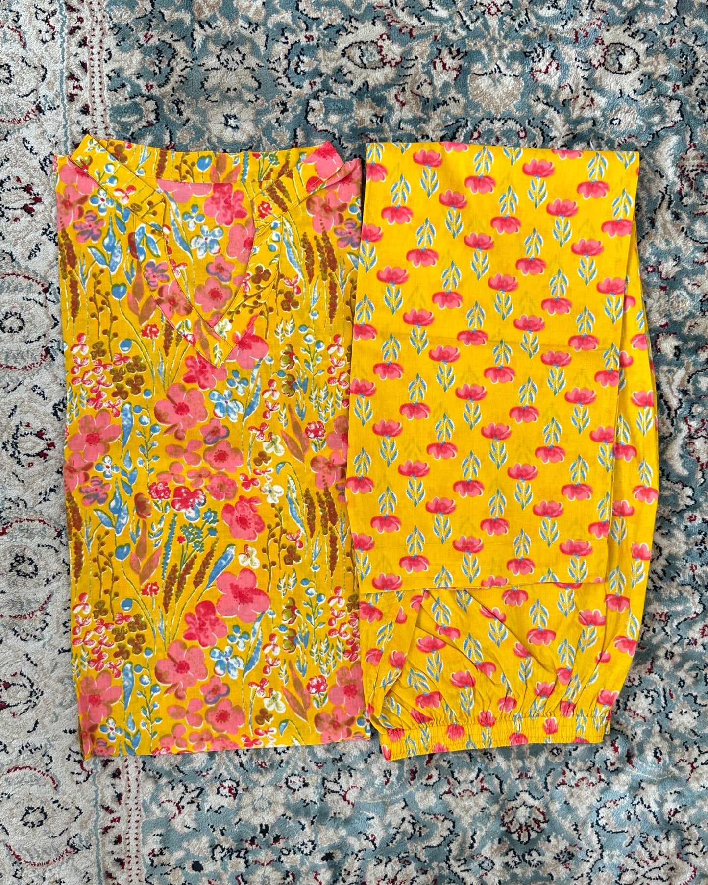 Yellow cotton printed kurta set