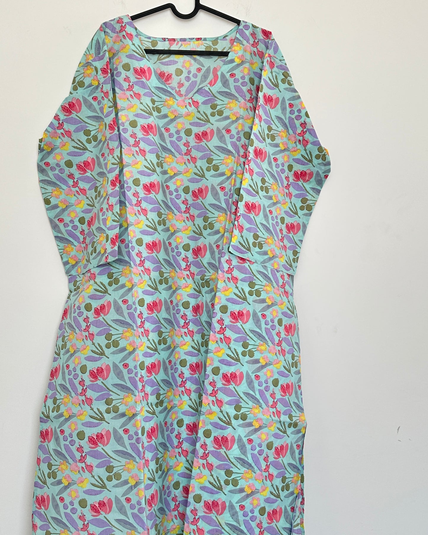 Blue and lavender printed cotton kurta set
