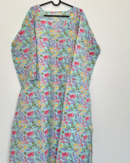 Blue and lavender printed cotton kurta set
