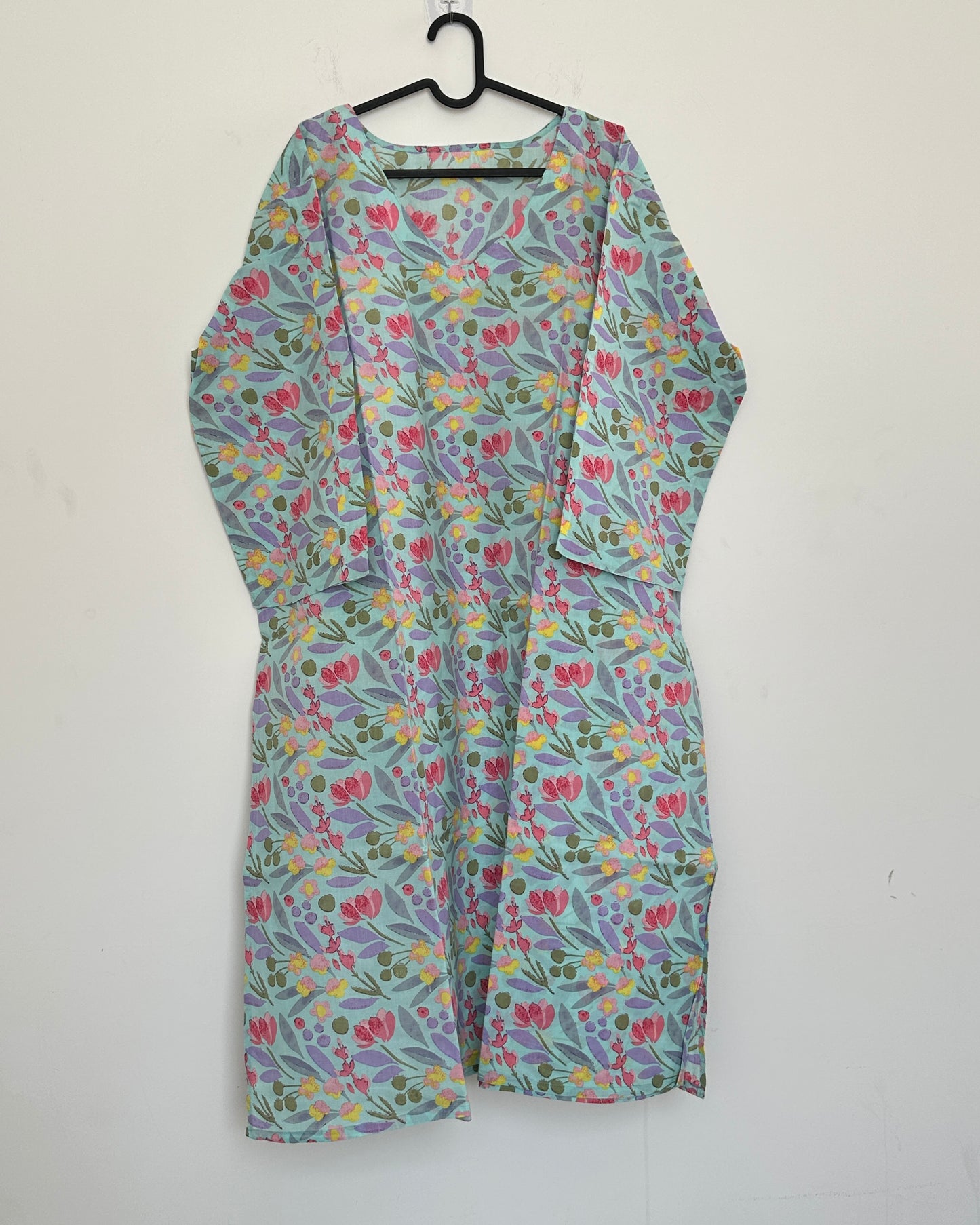Blue and lavender printed cotton kurta set