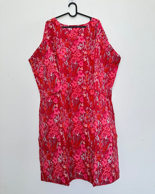 Red and pink printed cotton kurta set