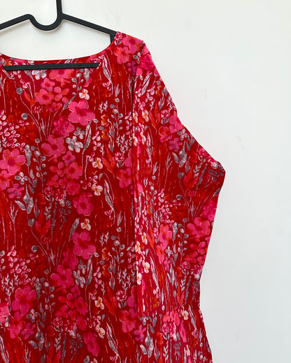 Red and pink printed cotton kurta set