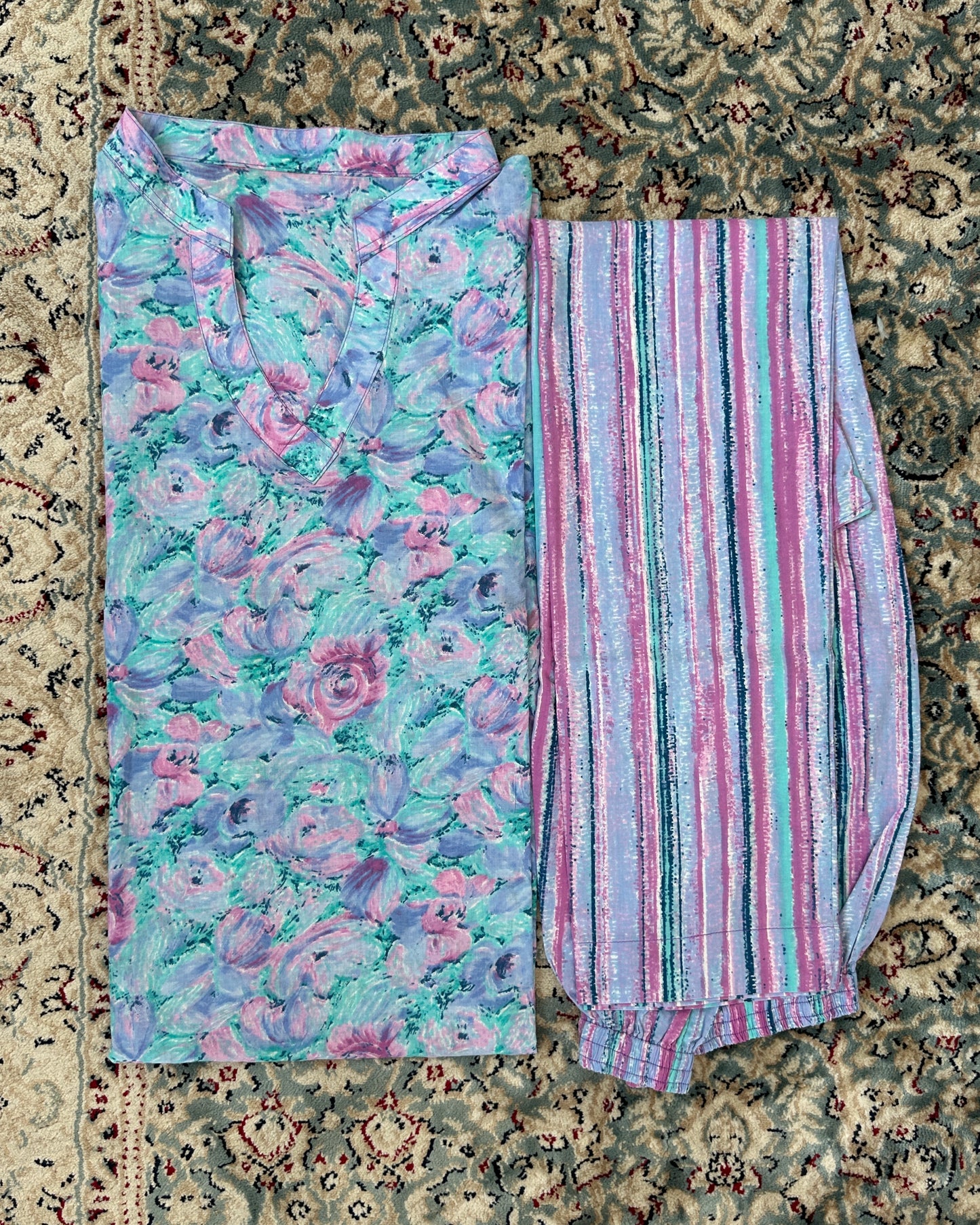 Blue and pink printed cotton kurta set