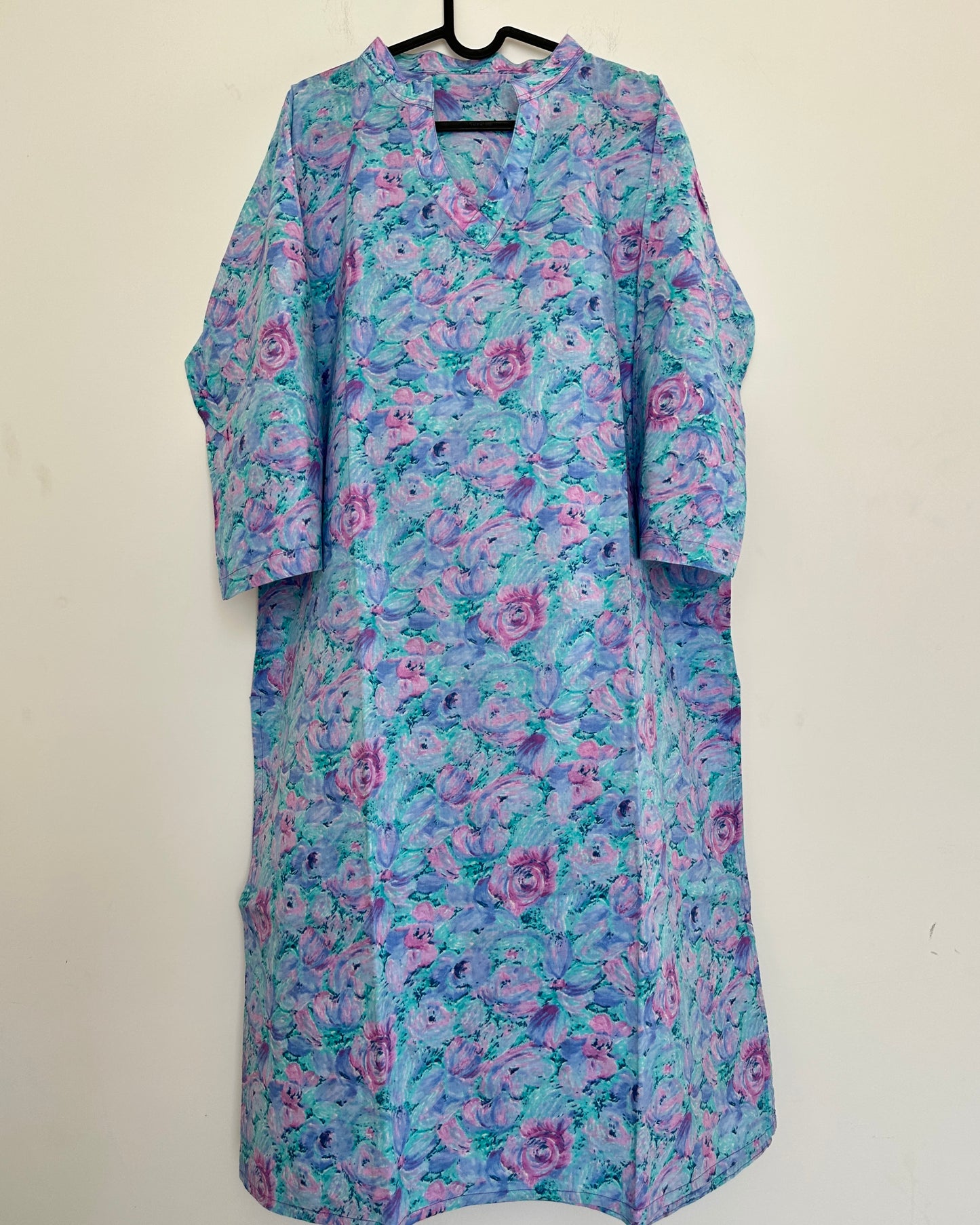 Blue and pink printed cotton kurta set