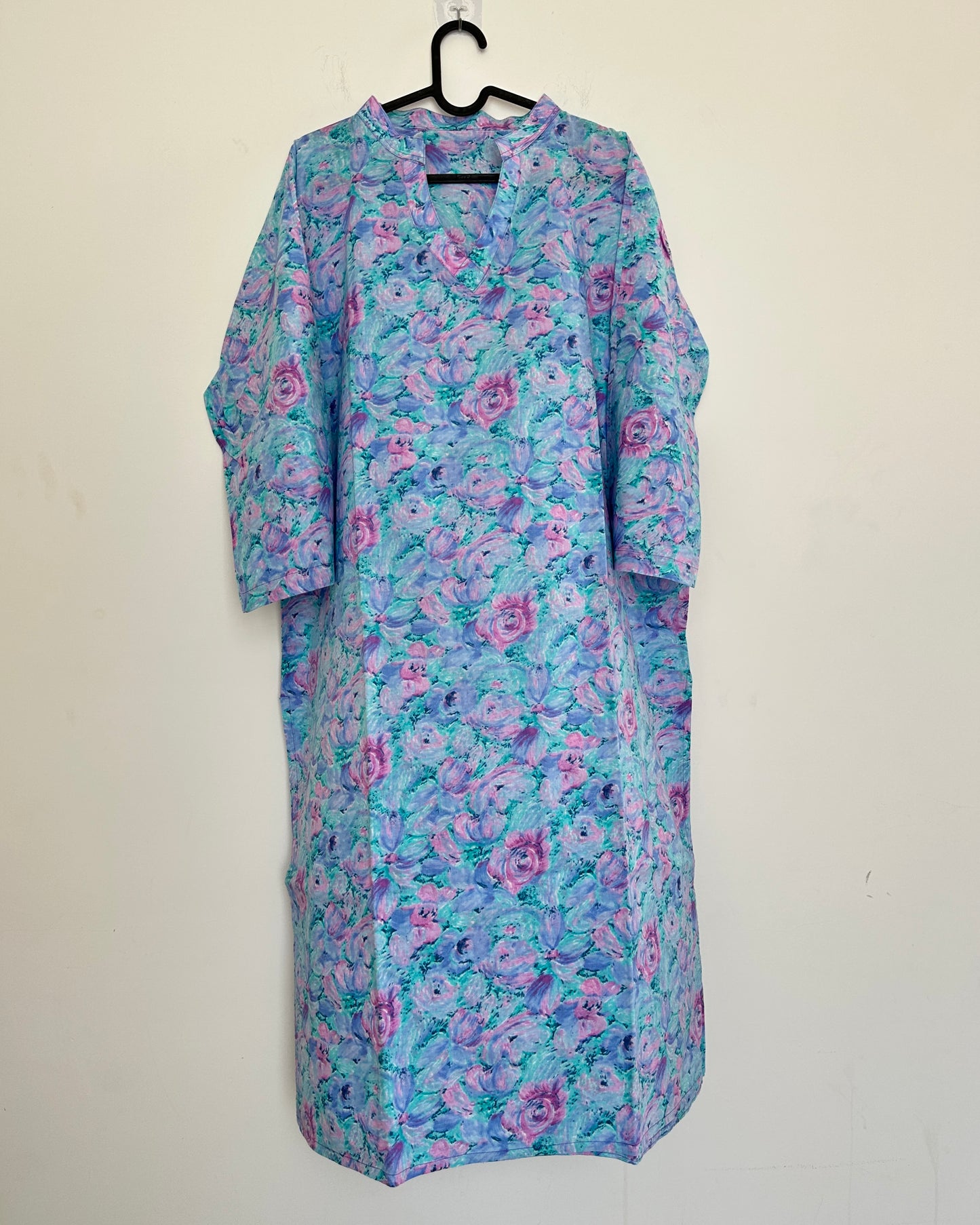 Blue and pink printed cotton kurta set