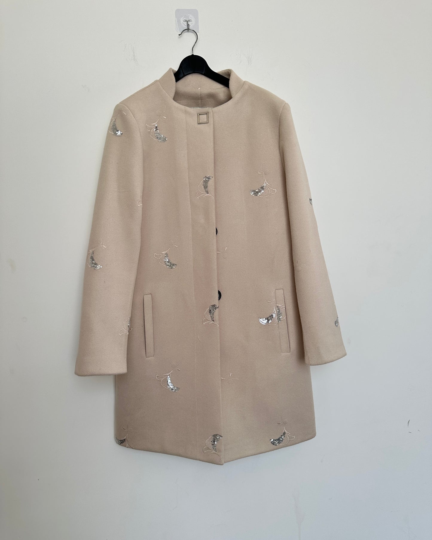 Beige winter coat with silver embroidery