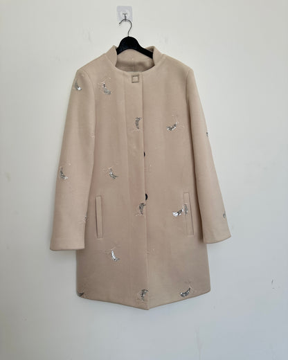 Beige winter coat with silver embroidery