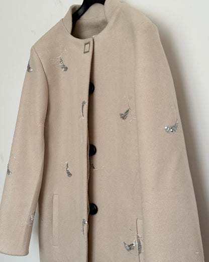 Beige winter coat with silver embroidery