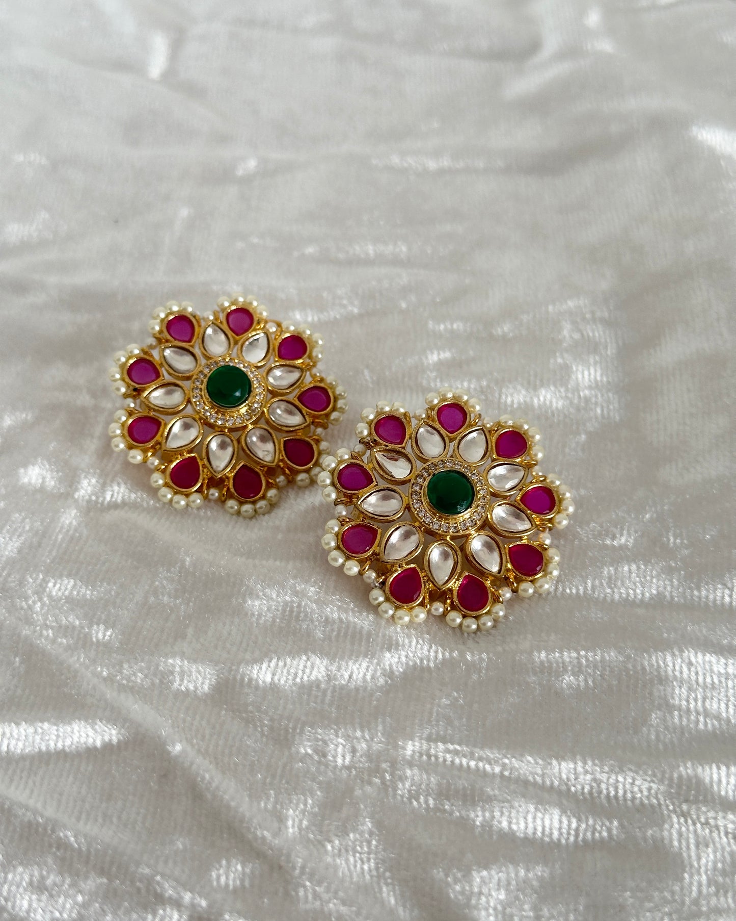 White, pink and green kunda stud earrings