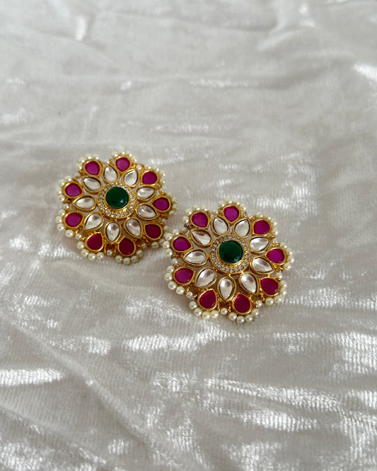 White, pink and green kunda stud earrings