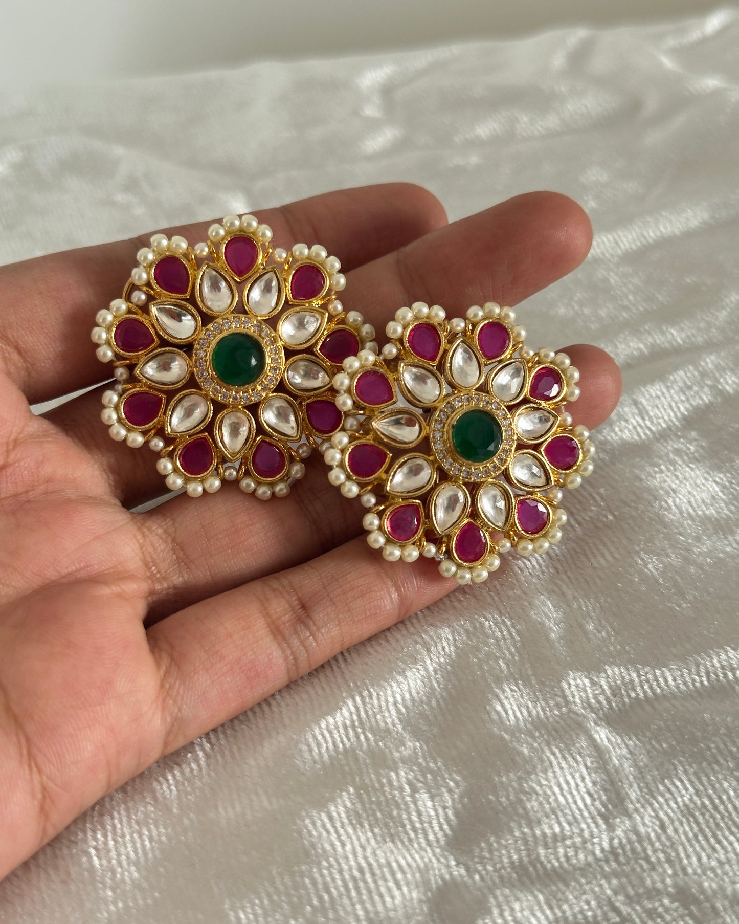 White, pink and green kunda stud earrings