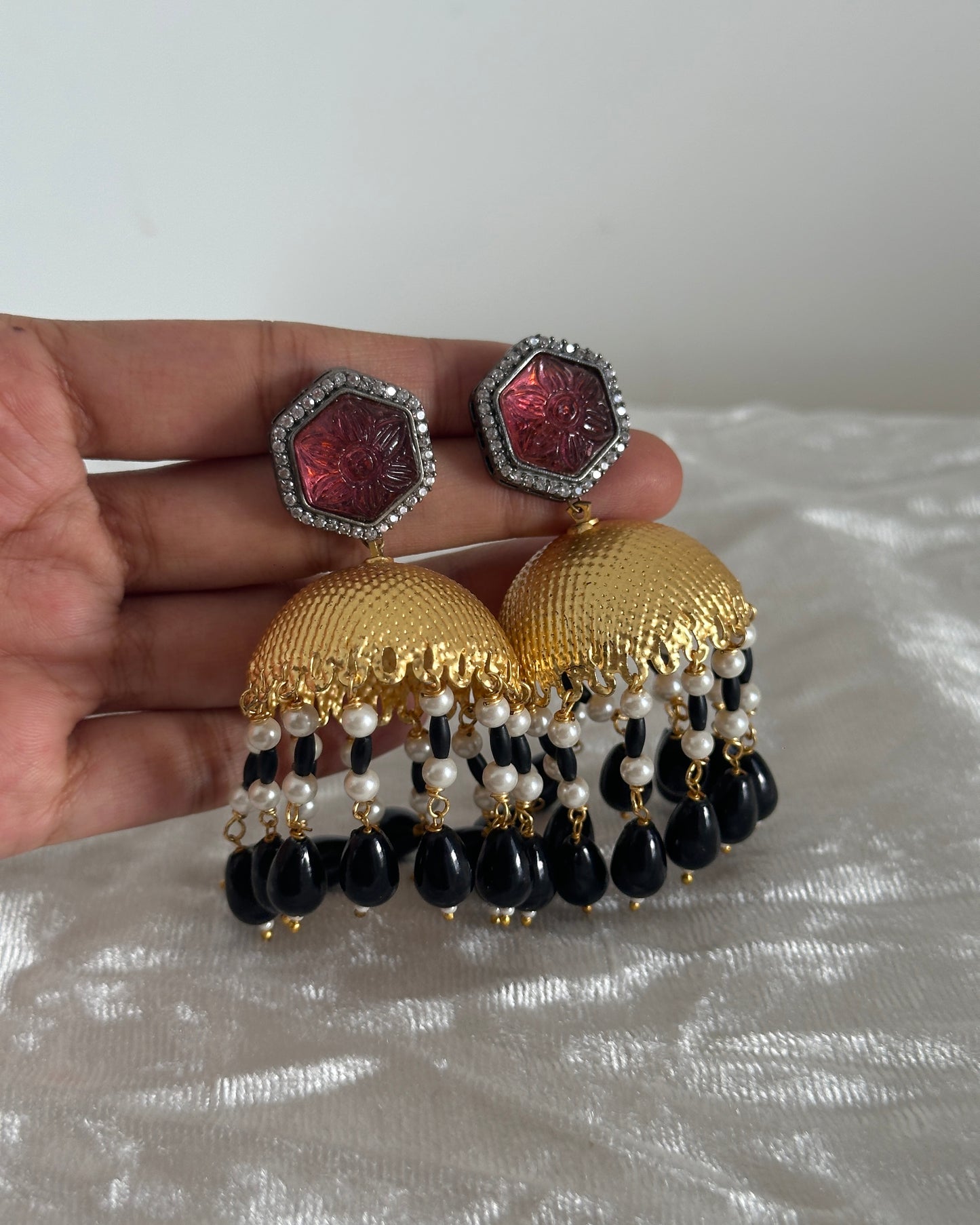 Black, gold and maroon stone dangler earrings