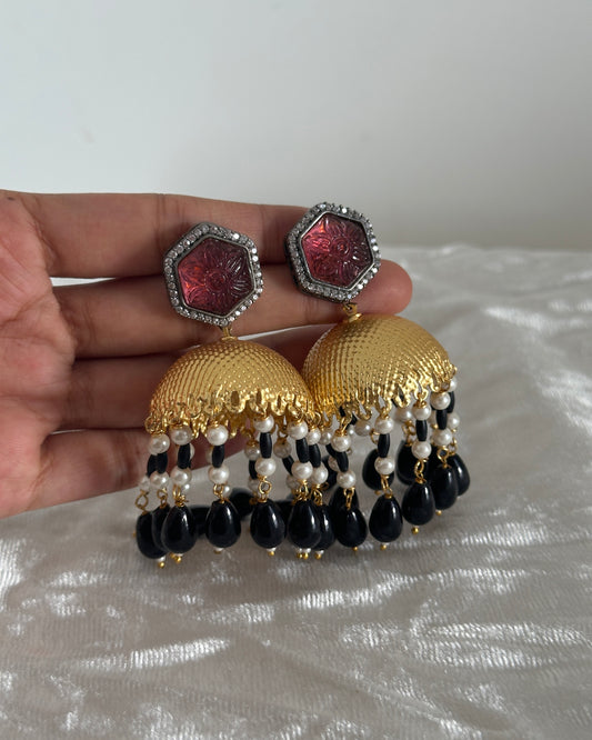 Black, gold and maroon stone dangler earrings