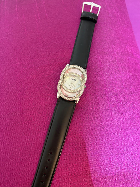 Black leather watch with studded dial