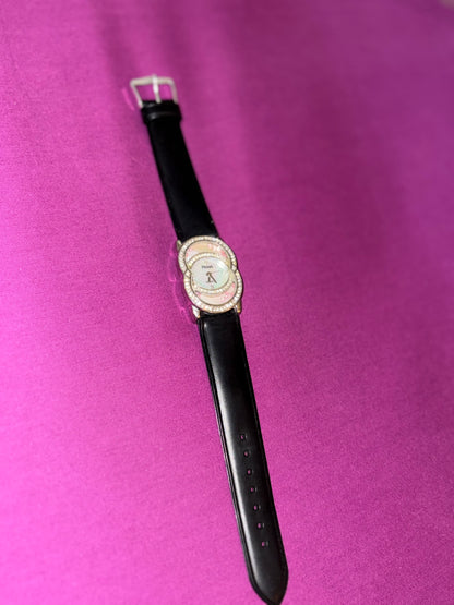 Black leather watch with studded dial