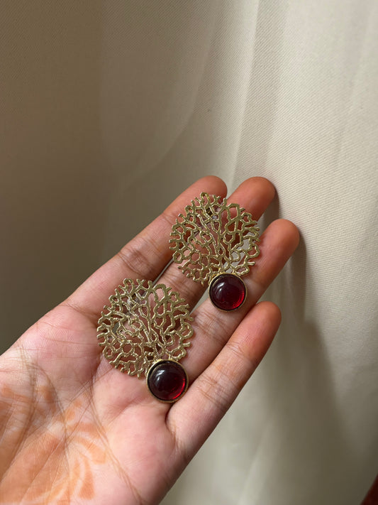Tree of life earrings with red stone