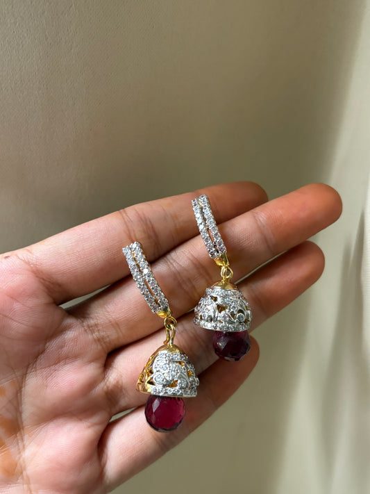 White stone jhumki with pink drop