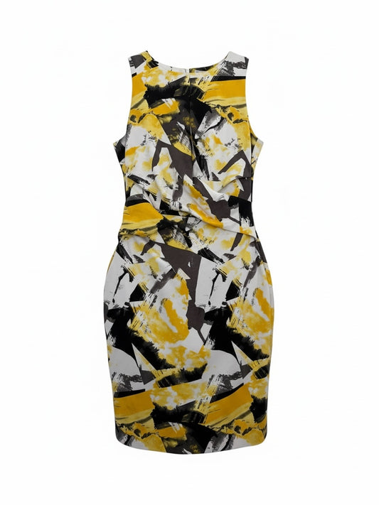 The Circle sleeveless sheath dress featuring a mustard yellow, charcoal grey, and white abstract brushstroke print.