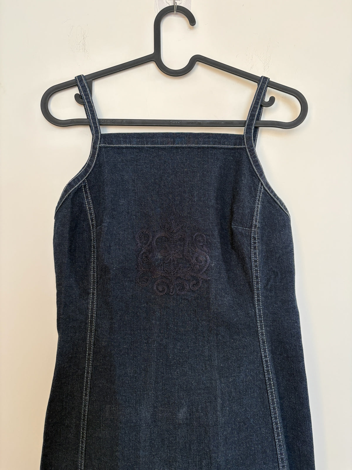 The Circle Betty Jackson Studio dark indigo denim midi dress with square neckline, spaghetti straps and embroidery.