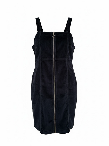 The Circle black corduroy sleeveless pinafore dress with a square neckline and full-length front ring-pull zipper.