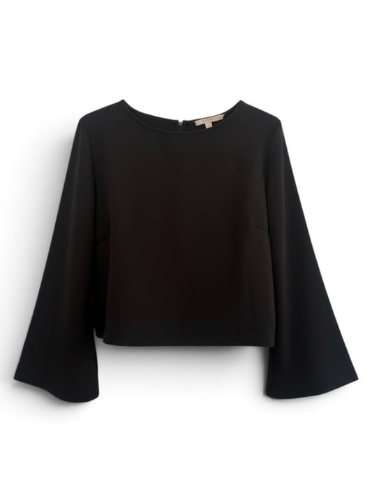 The Circle black cropped blouse featuring a round neckline and dramatic flared bell sleeves in a smooth fabric.