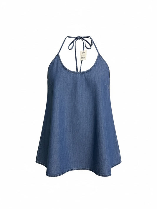 The Circle VERO MODA blue denim halter neck sleeveless top with a relaxed swing silhouette and tie-back detail.