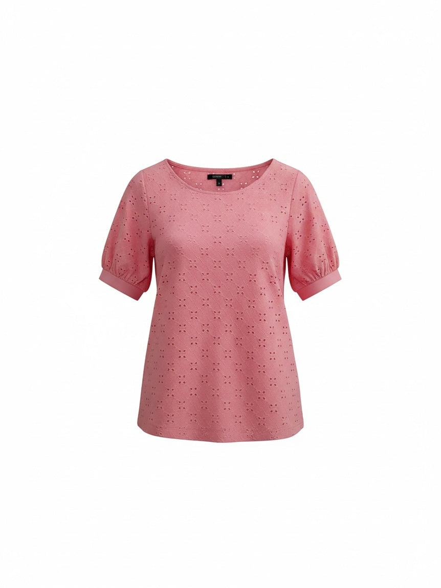 The Circle bossini pink eyelet embroidered casual top with short puff sleeves and a round neckline.