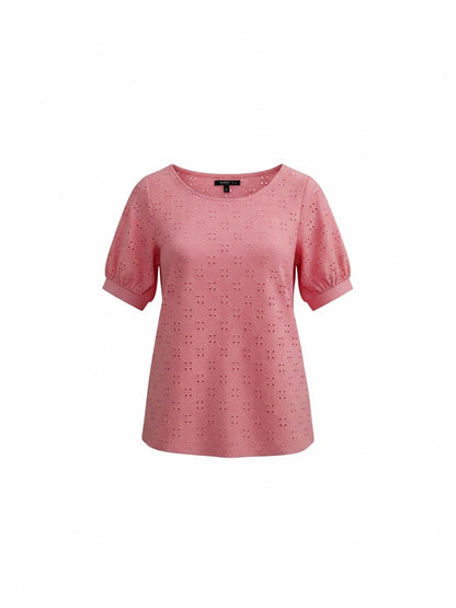 The Circle bossini pink eyelet embroidered casual top with short puff sleeves and a round neckline.