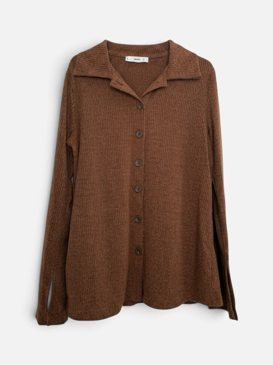 The Circle brown ribbed knit button-down shirt with a polo collar and split-cuff sleeves