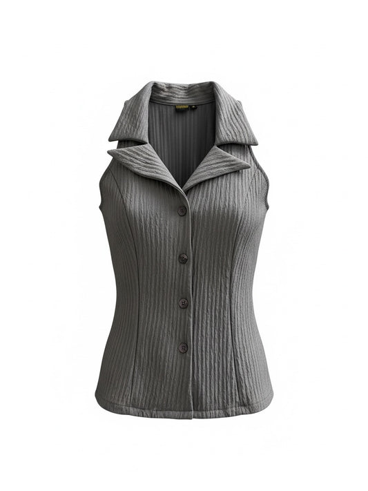 The Circle sleeveless charcoal grey button-down vest top featuring a structured collar and textured fabric.