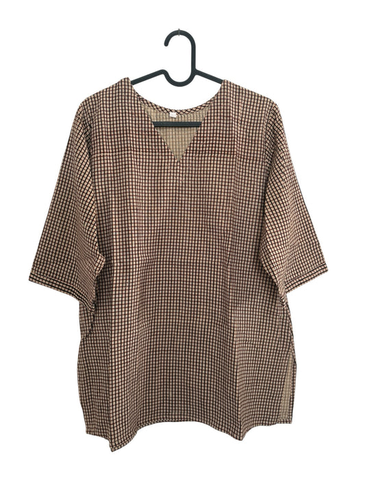 The Circle casual cotton kurta top featuring a brown and black checkered grid pattern, V-neck, and half-sleeves.