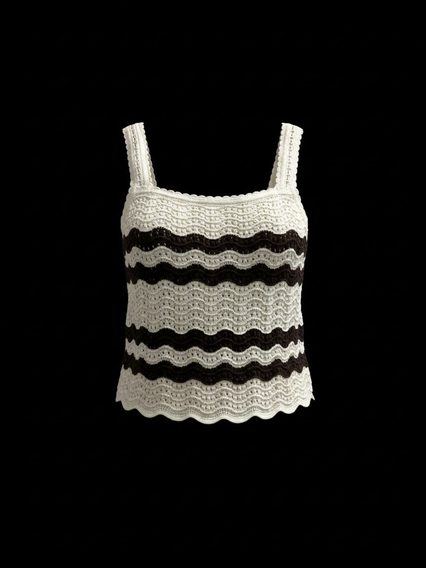 The Circle sleeveless crochet tank top in cream and dark brown with a wave-pattern knit and delicate scalloped edges.