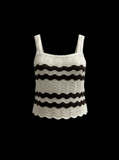 The Circle sleeveless crochet tank top in cream and dark brown with a wave-pattern knit and delicate scalloped edges.