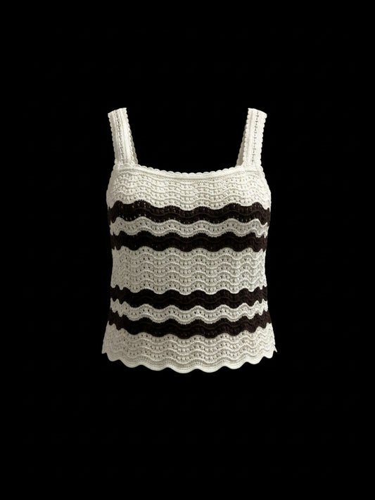 The Circle sleeveless crochet tank top in cream and dark brown with a wave-pattern knit and delicate scalloped edges.