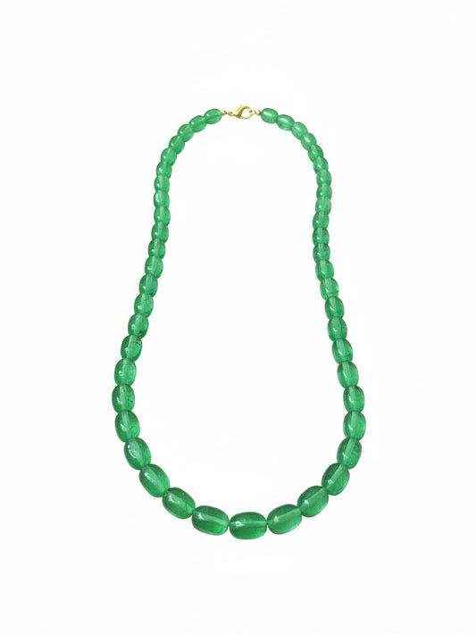 The Circle emerald-green beaded necklace with polished oval beads and a gold-toned clasp on a white background.