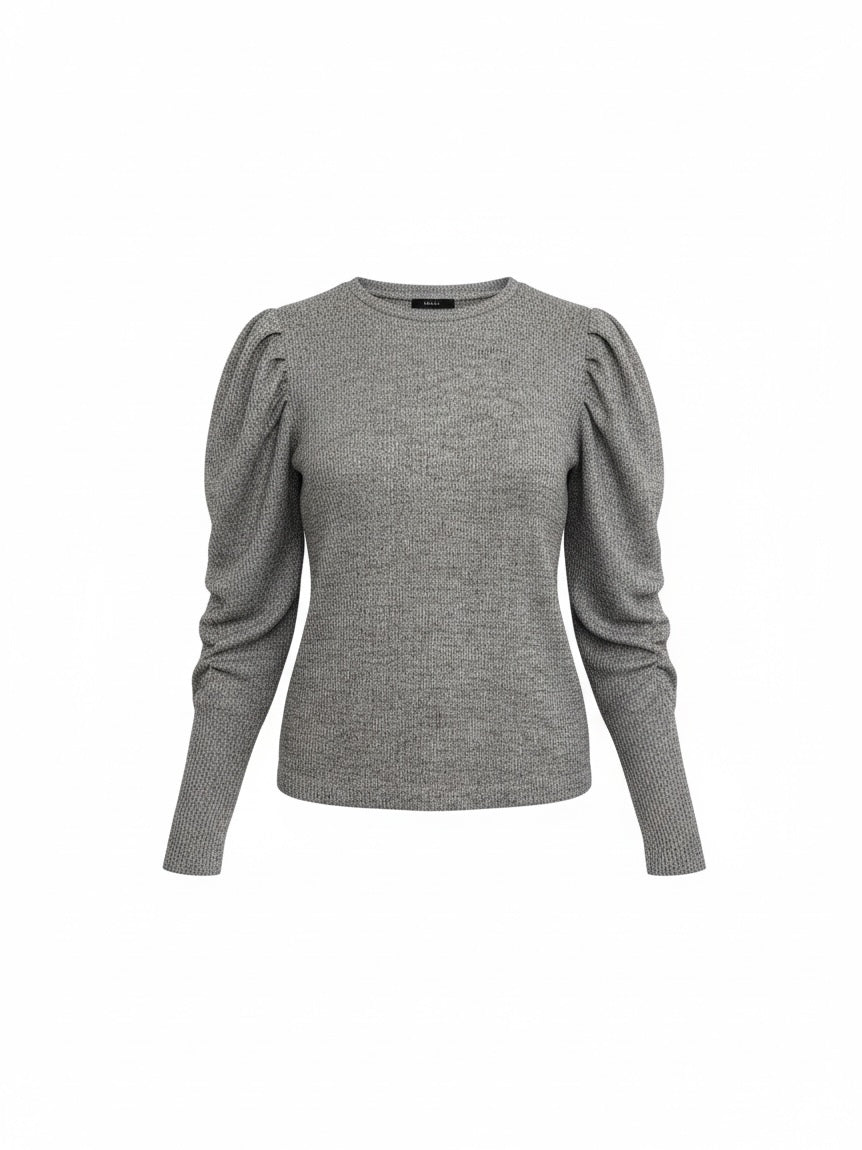 The Circle ELLE STUDIO grey knit pullover with long puff sleeves and a crew neckline on a white background.