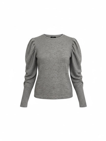 The Circle ELLE STUDIO grey knit pullover with long puff sleeves and a crew neckline on a white background.