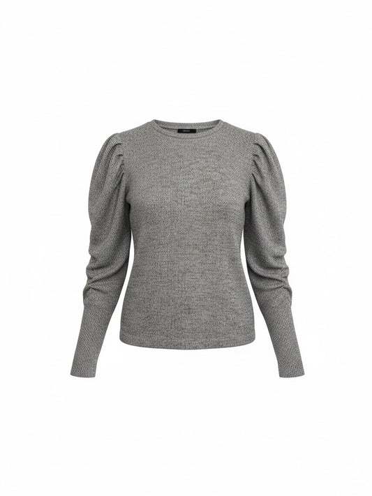 The Circle ELLE STUDIO grey knit pullover with long puff sleeves and a crew neckline on a white background.