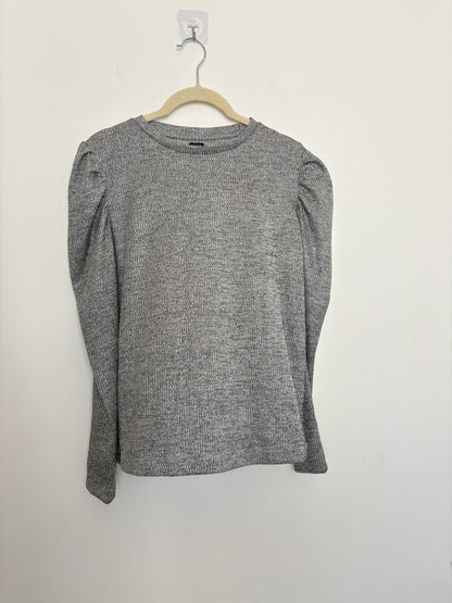 The Circle grey knit pullover top featuring long puff sleeves and a classic crew neckline in a textured fabric.