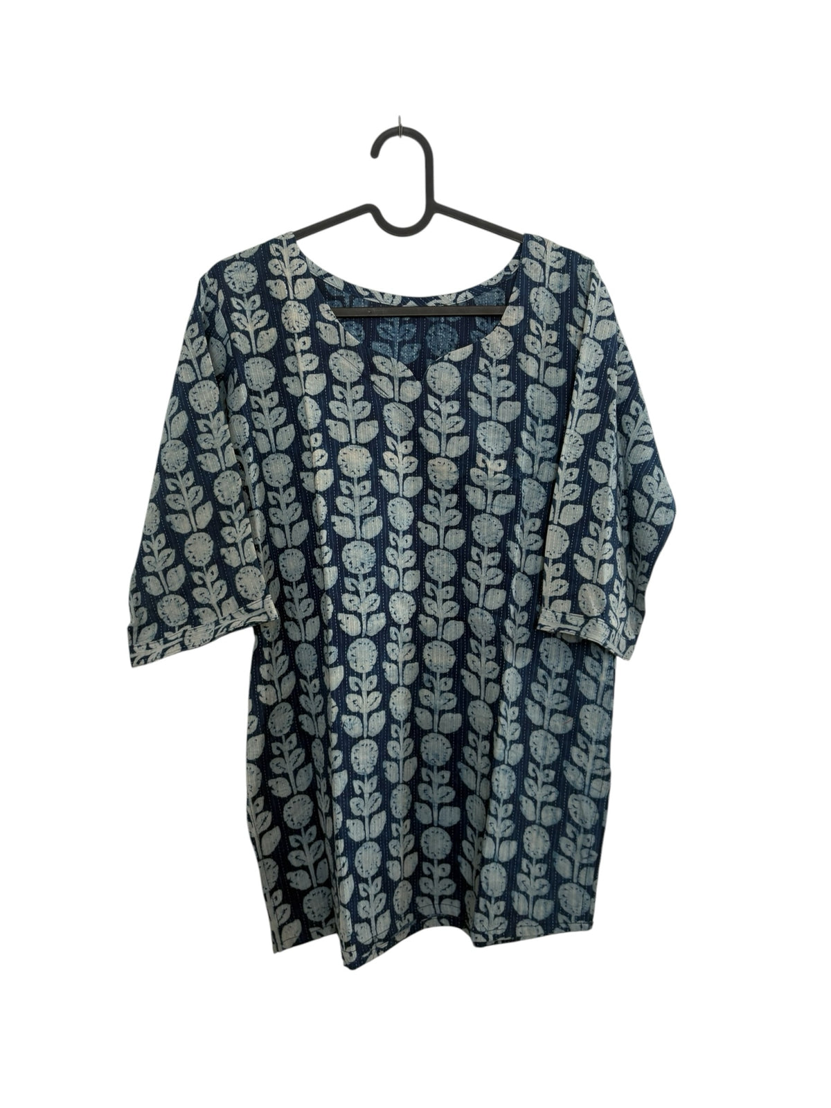 The Circle indigo cotton kurti with off-white botanical block print, round neck, and three-quarter sleeves.