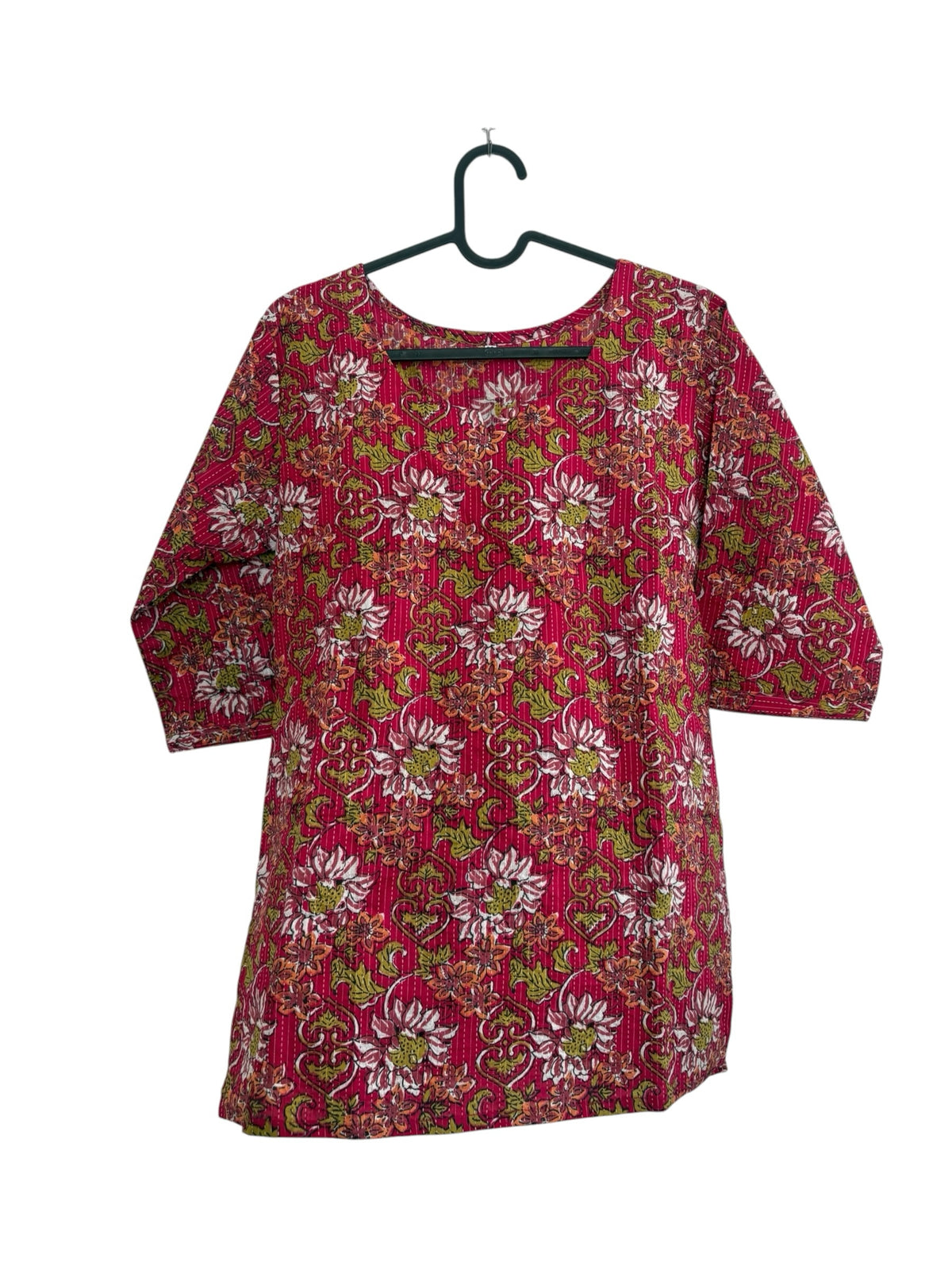 The Circle magenta cotton kurti with floral block print, kantha stitching, round neck, and three-quarter sleeves.