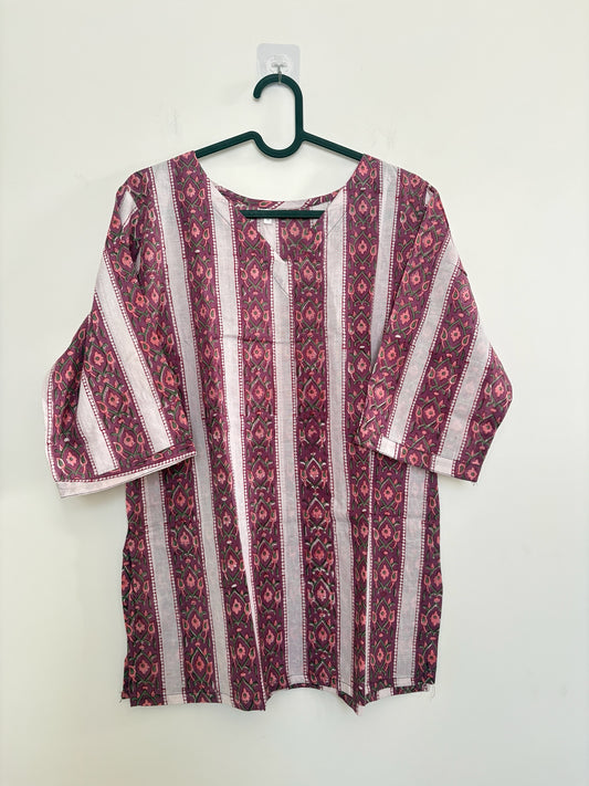 The Circle maroon and white striped cotton ethnic kurti with floral motifs and three-quarter sleeves on a hanger