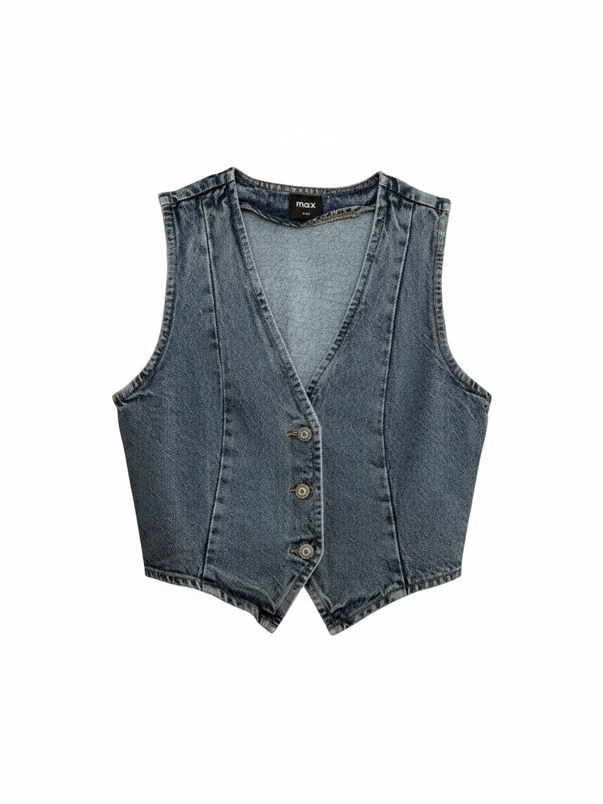 The Circle max sleeveless washed-blue denim waistcoat with a V-neckline and button-down front.