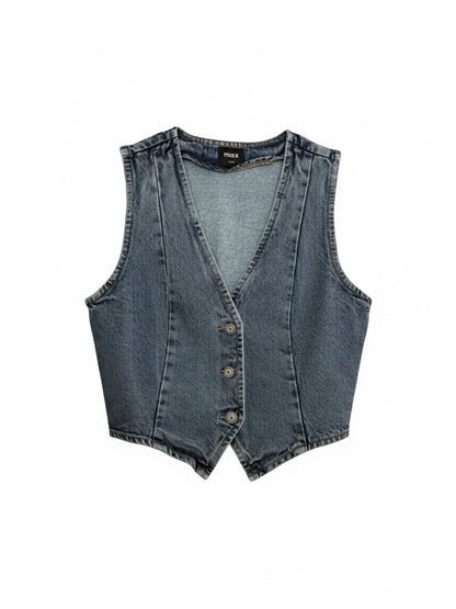 The Circle max sleeveless washed-blue denim waistcoat with a V-neckline and button-down front.