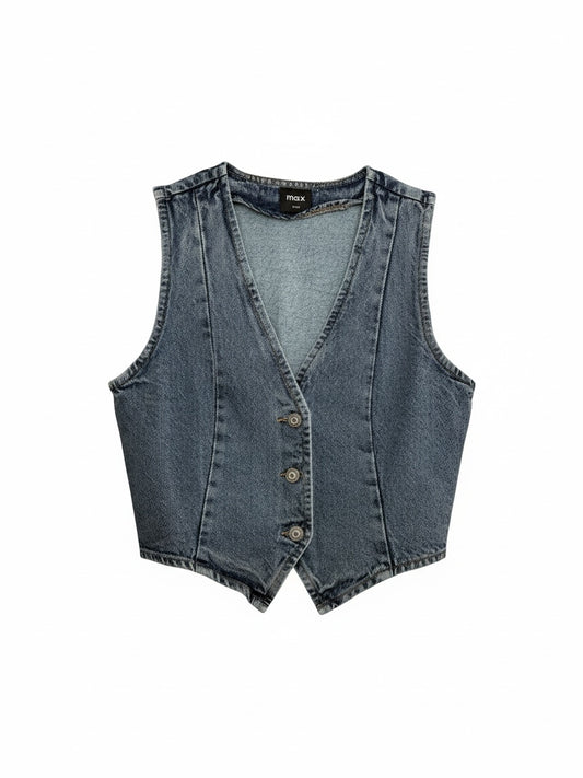 The Circle max sleeveless washed-blue denim waistcoat with a V-neckline and button-down front.